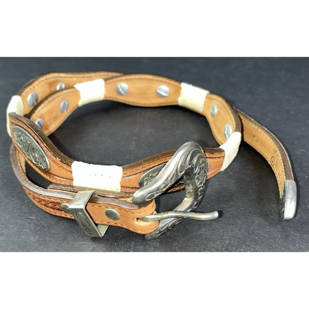 Vintage Mexican Leather Belt With Silver Decorative Buckle & Concho Sz 32 Alpaca - Picture 12 of 12